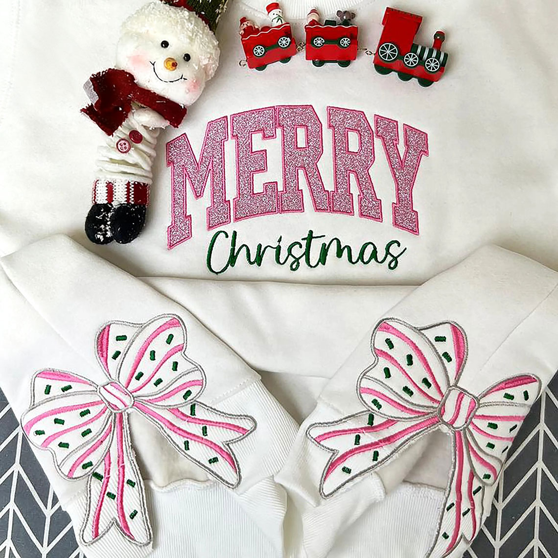 Embroidered Merry Christmas Side Bow Sweatshirt