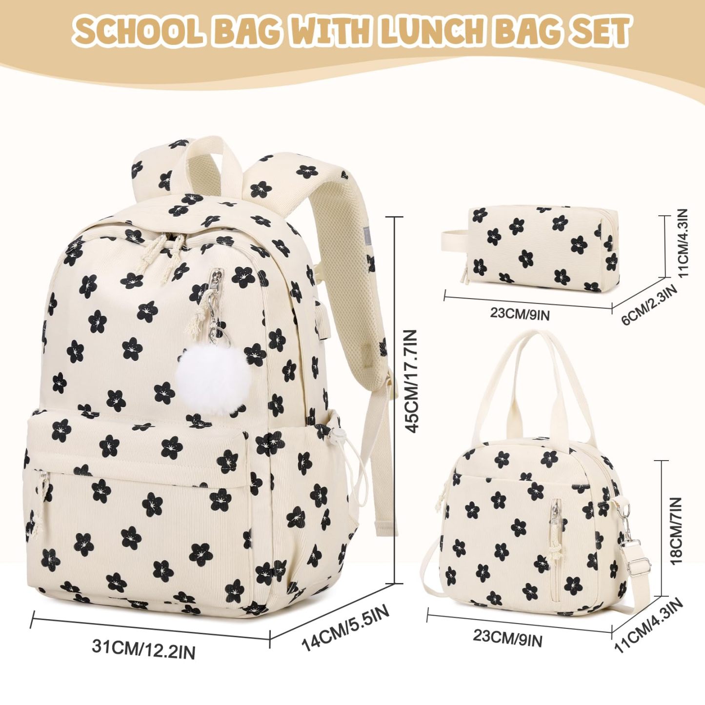 Corduroy Backpack with Lunch Bag and Pencil Pouch for Teen Kids 