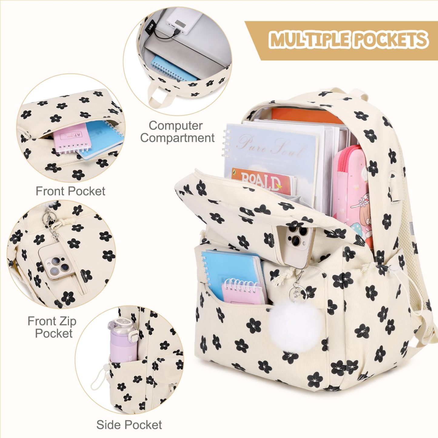 Corduroy Backpack with Lunch Bag and Pencil Pouch for Teen Kids 