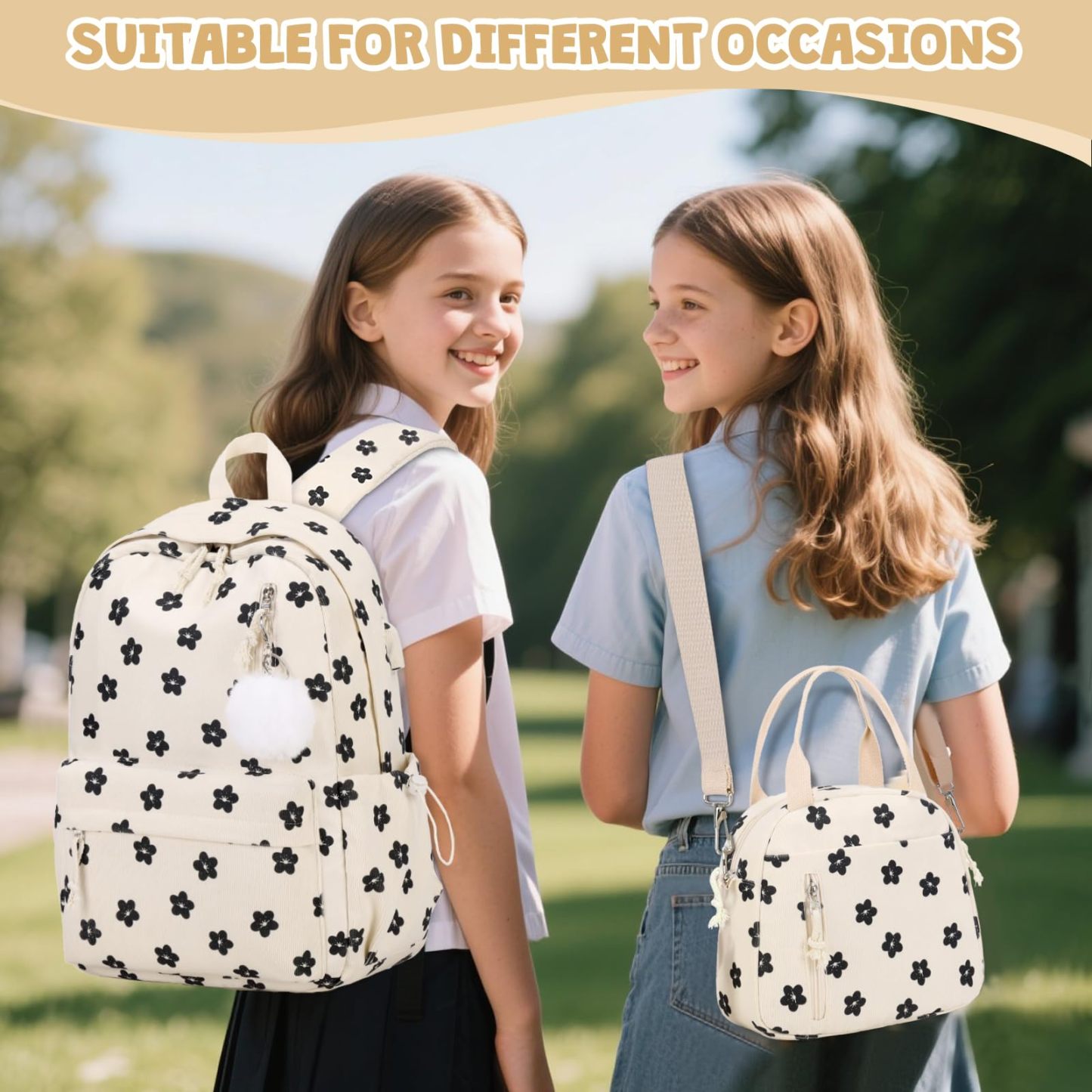 Corduroy Backpack with Lunch Bag and Pencil Pouch for Teen Kids 