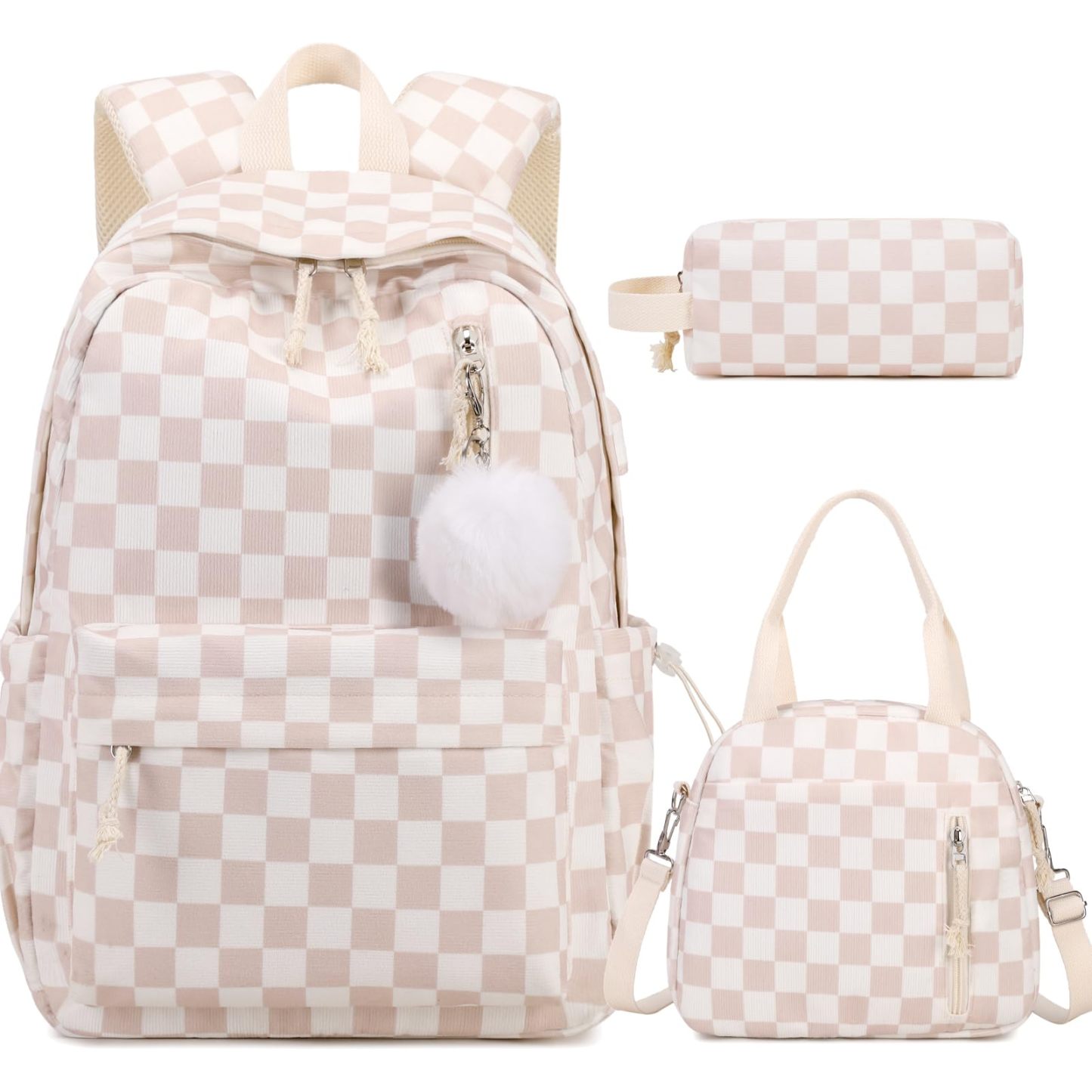 Corduroy Backpack with Lunch Bag and Pencil Pouch for Teen Kids 