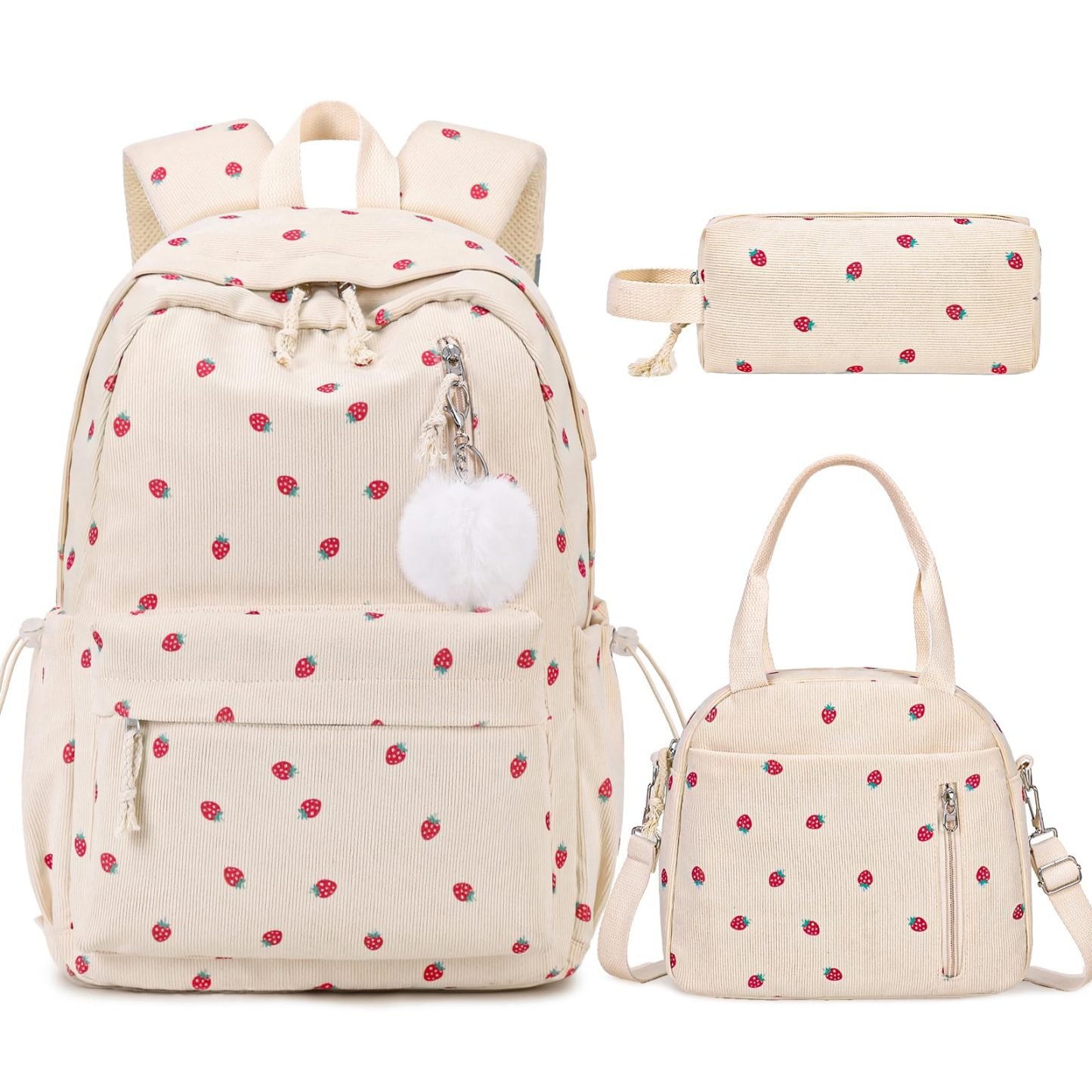 Corduroy Backpack with Lunch Bag and Pencil Pouch for Teen Kids 