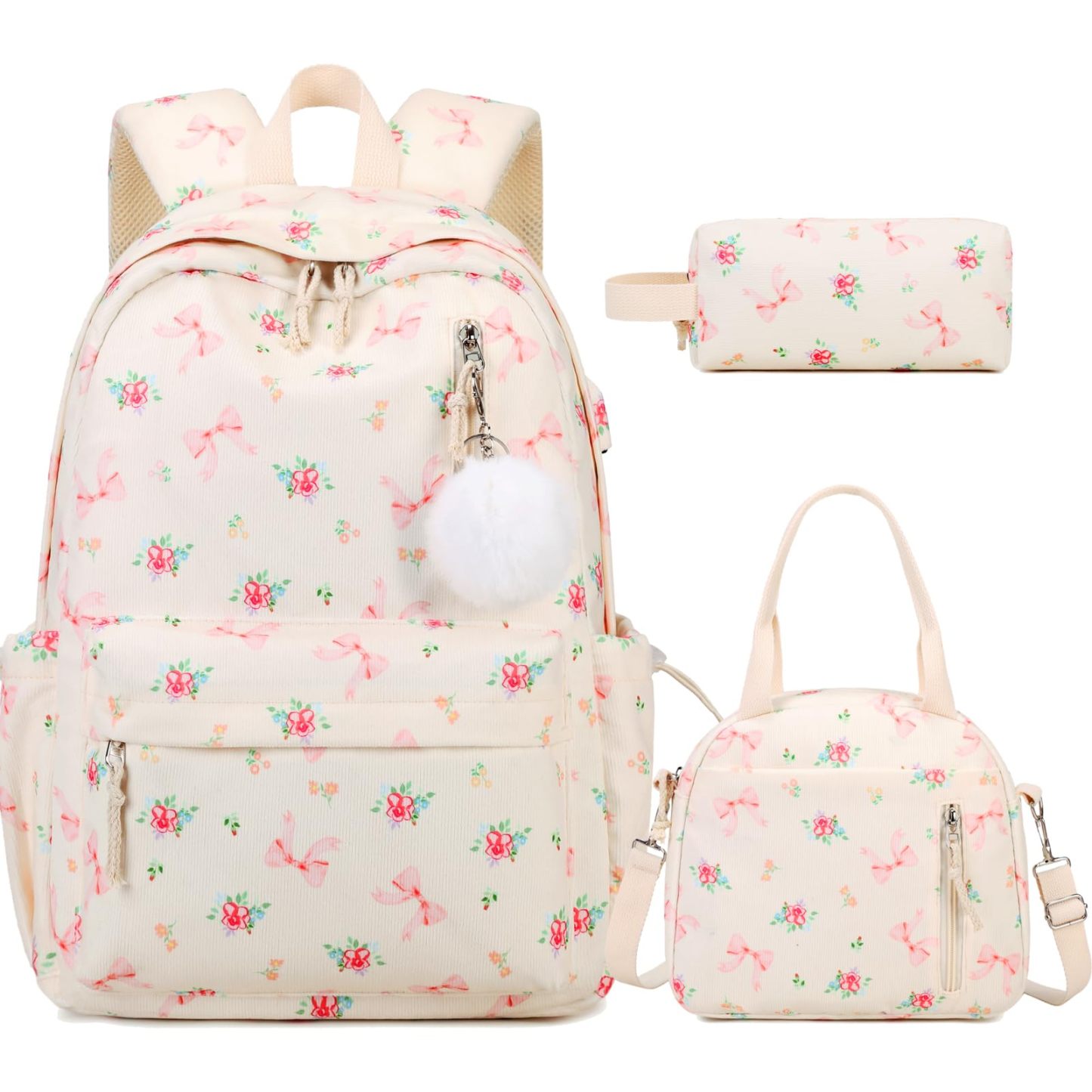 Corduroy Backpack with Lunch Bag and Pencil Pouch for Teen Kids 