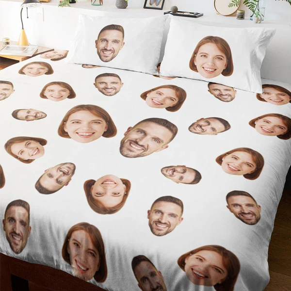 Personalized Face Double Bedding Set with Duvet Cover Pillowslip Set for Couple