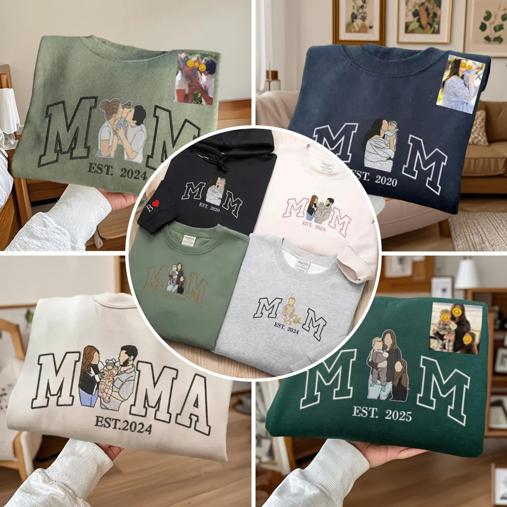 Personalized Embroidered Mama and Kids Portrait Hoodie