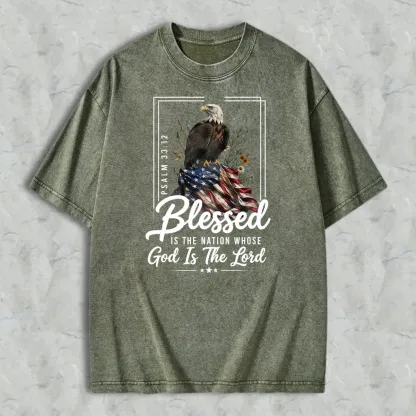 Blessed Is The Nation Whose God Is The Lord Psalm 3312 Eagle And American Flag Washed T-shirt