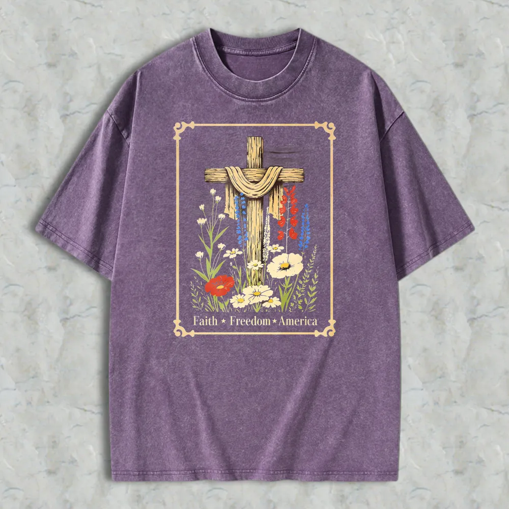 Cross With Flowers And Text Faith Freedom America Washed T-shirt