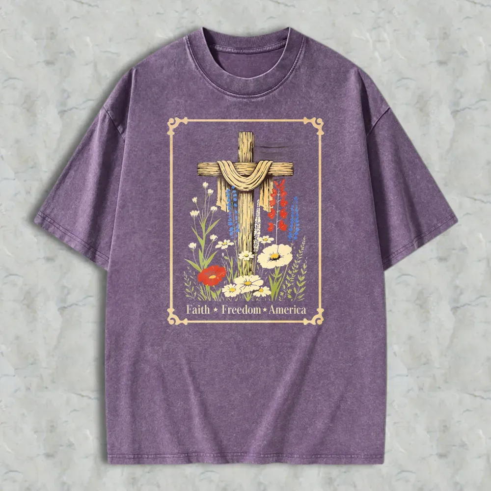 Cross With Flowers And Text Faith Freedom America Washed T-shirt