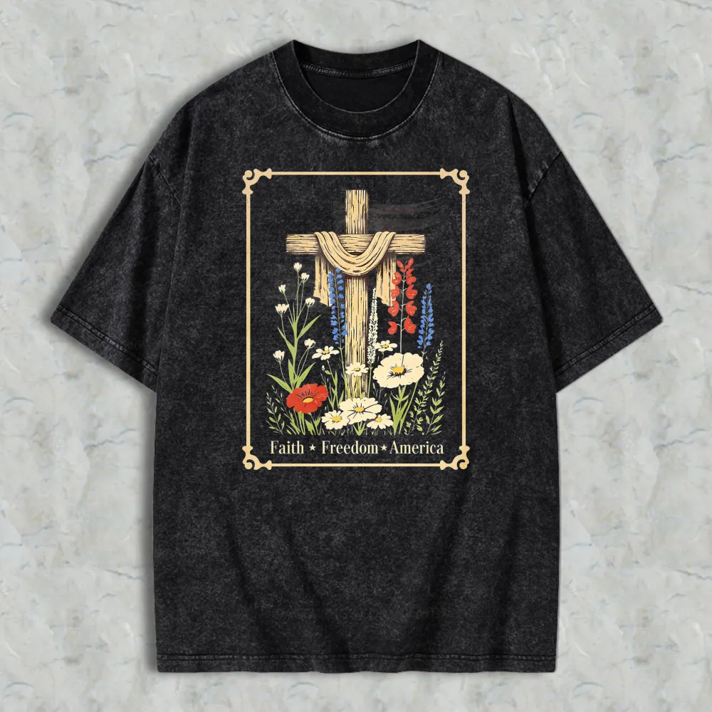 Cross With Flowers And Text Faith Freedom America Washed T-shirt