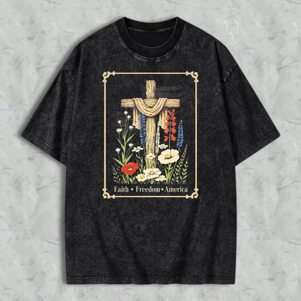 Cross With Flowers And Text Faith Freedom America Washed T-shirt