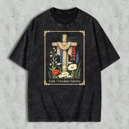 Cross With Flowers And Text Faith Freedom America Washed T-shirt