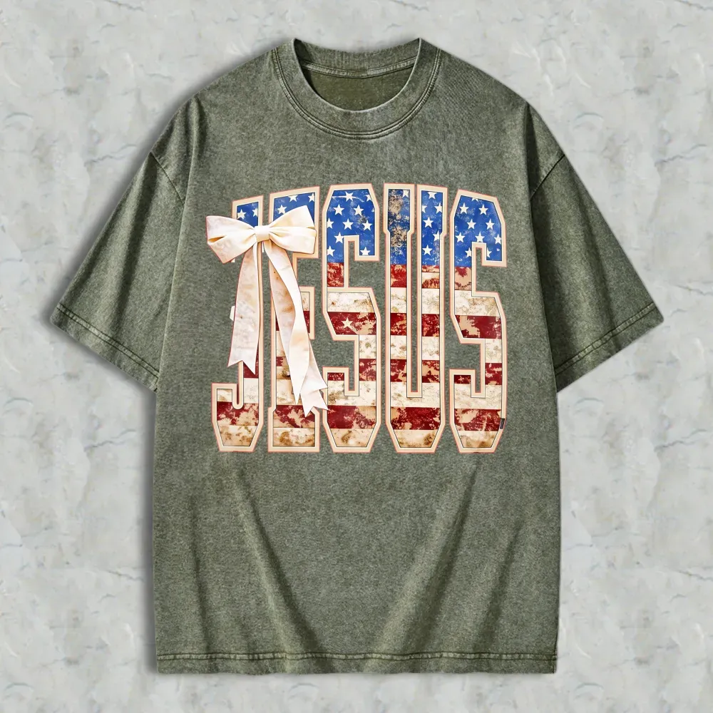 Jesus American Flag Design Washed T-shirt
