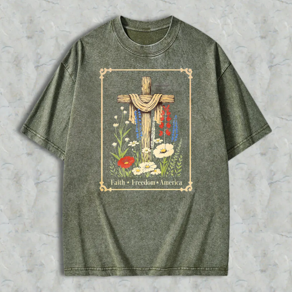Cross With Flowers And Text Faith Freedom America Washed T-shirt
