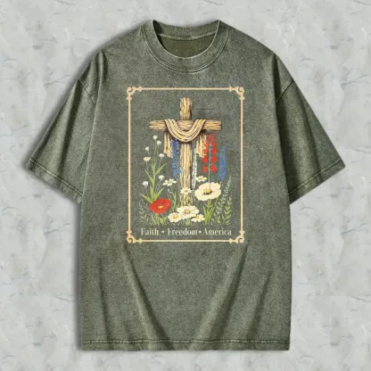 Cross With Flowers And Text Faith Freedom America Washed T-shirt