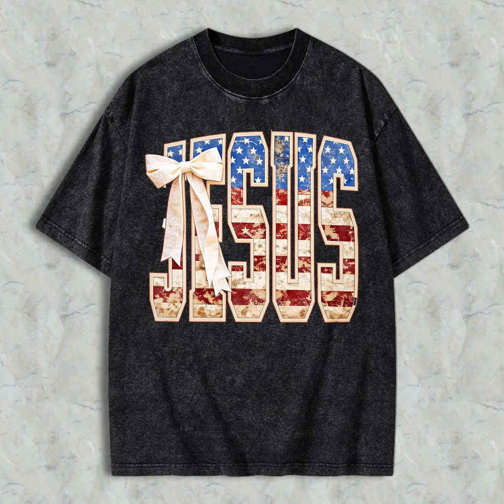 Jesus American Flag Design Washed T-shirt