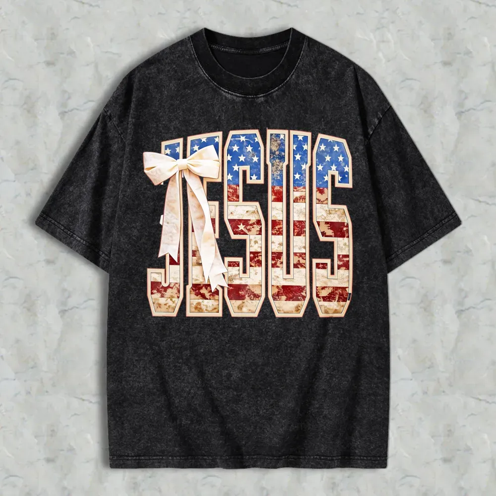 Jesus American Flag Design Washed T-shirt