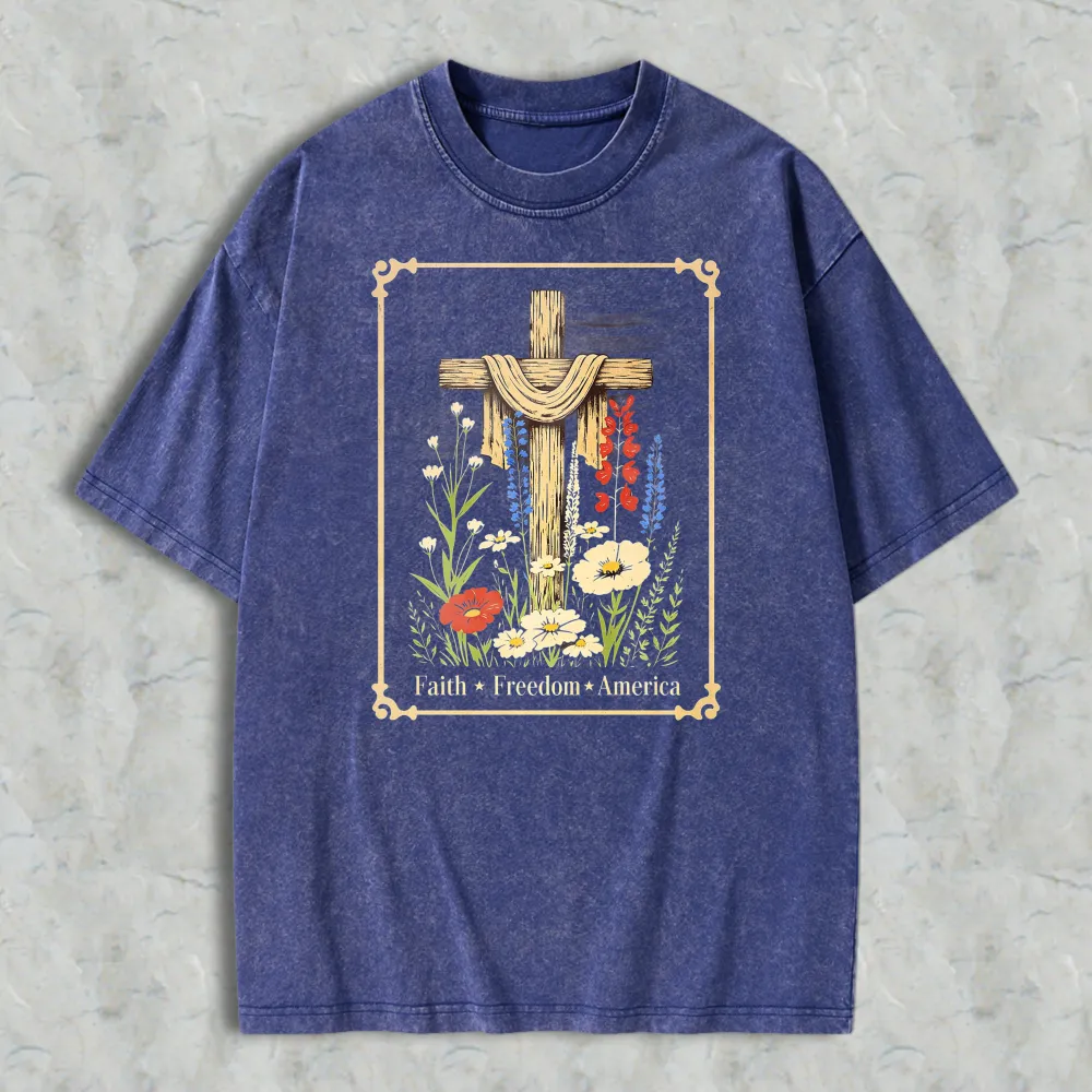 Cross With Flowers And Text Faith Freedom America Washed T-shirt