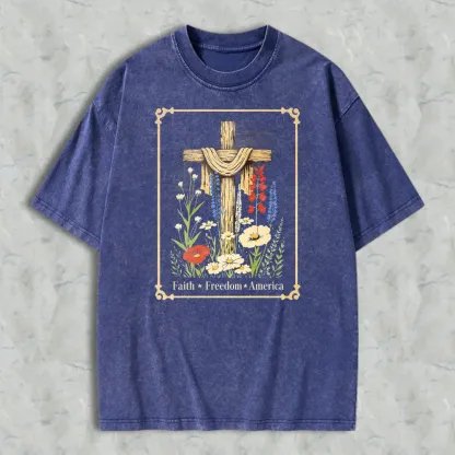 Cross With Flowers And Text Faith Freedom America Washed T-shirt