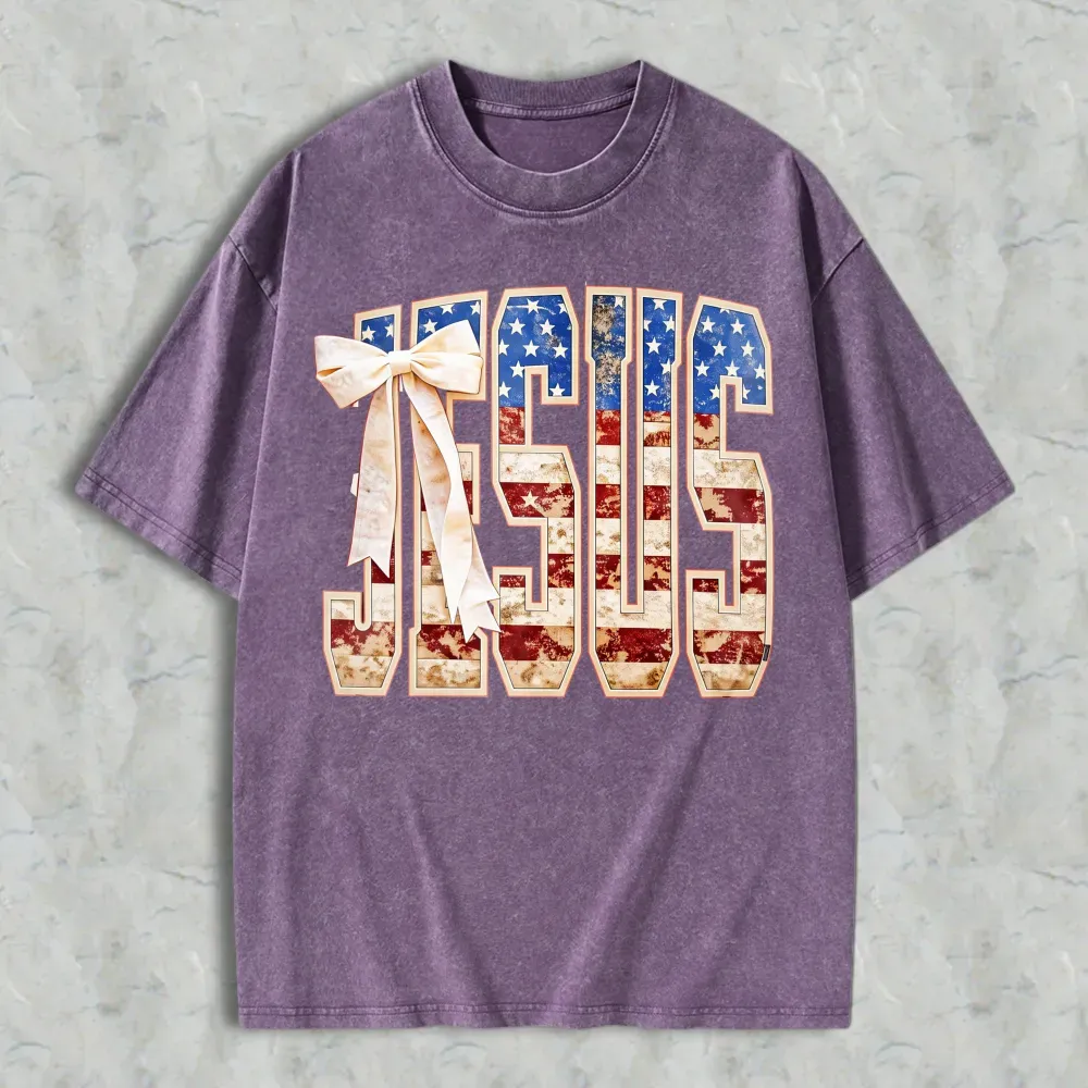Jesus American Flag Design Washed T-shirt