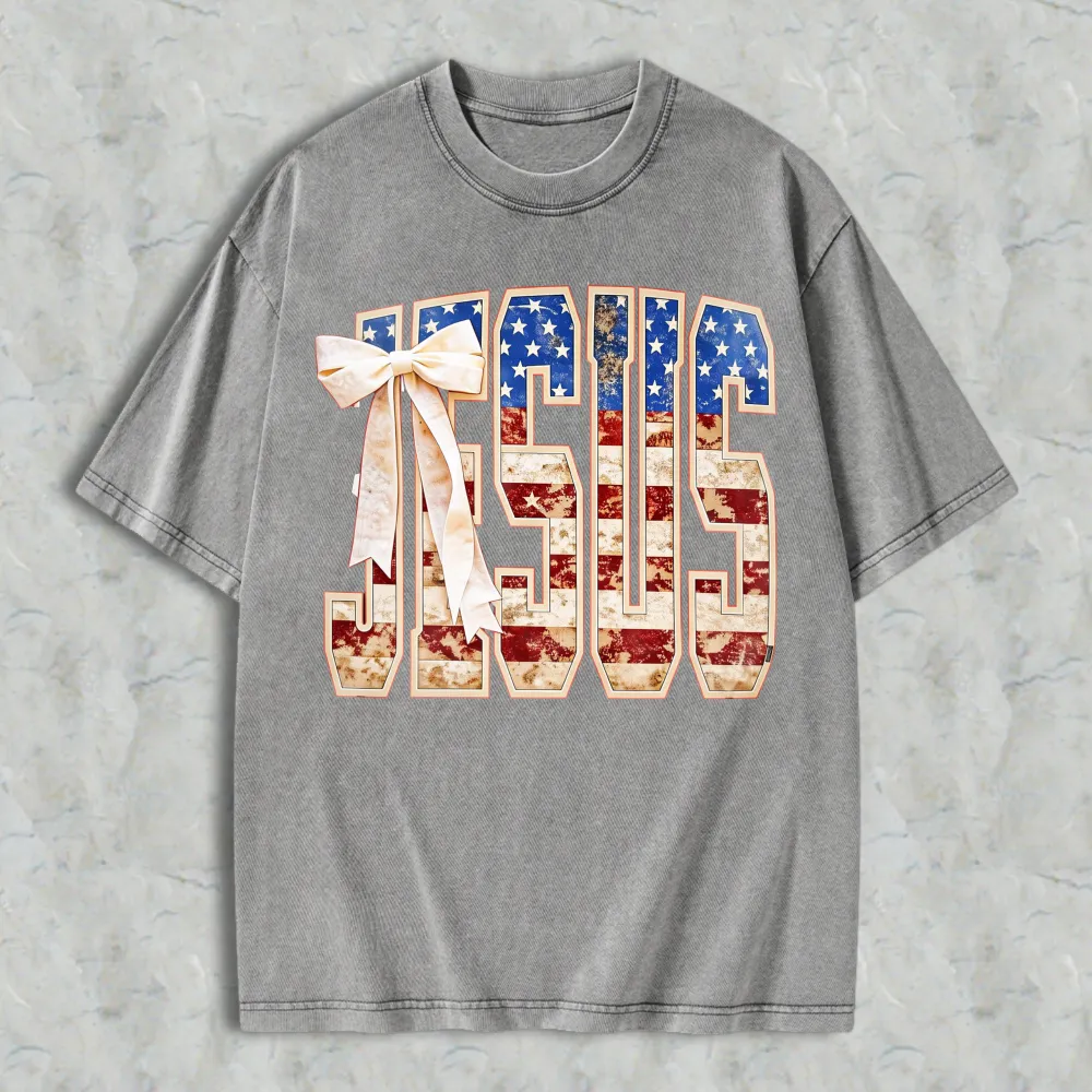 Jesus American Flag Design Washed T-shirt
