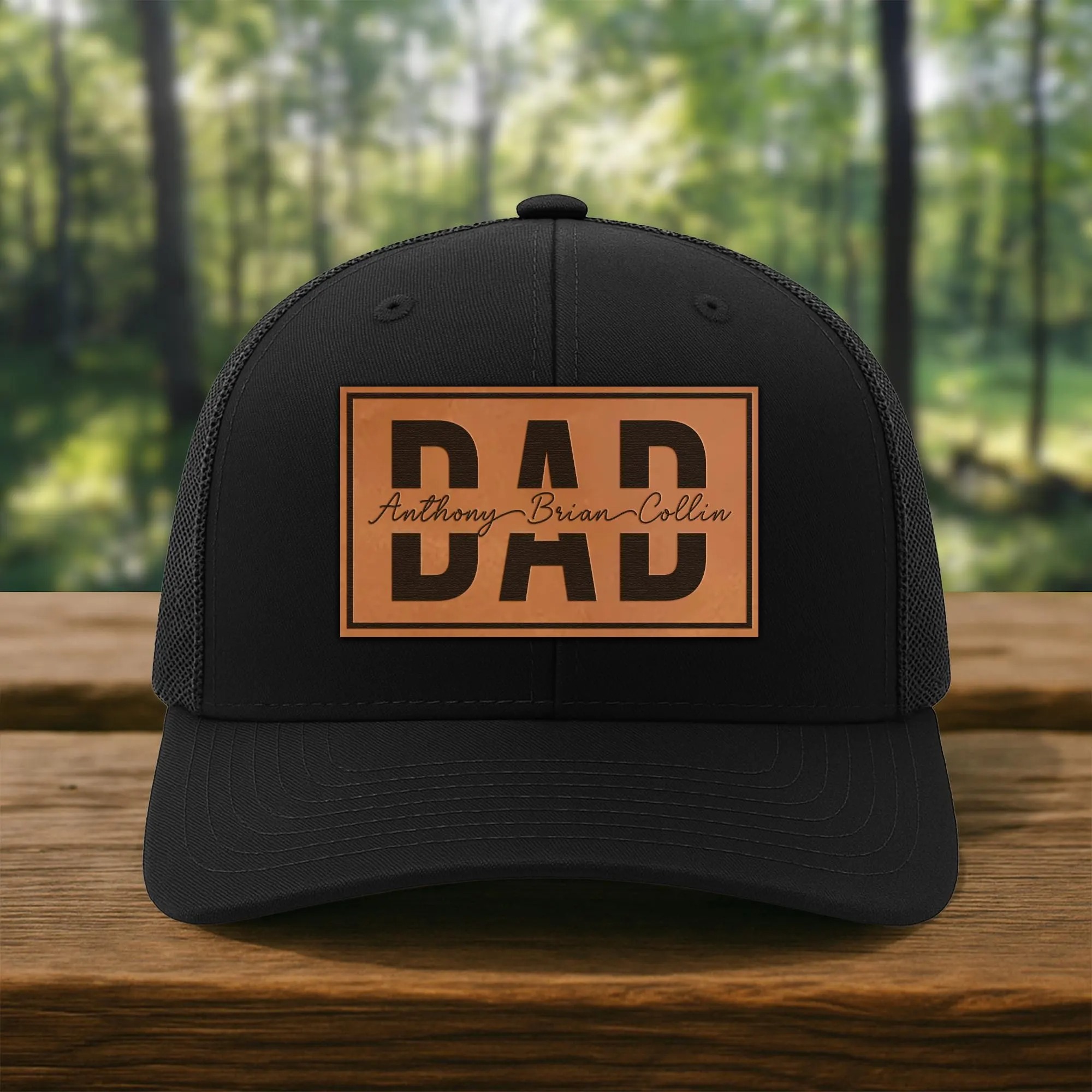 Personalized Dad Hat With Kids Names Leather Patch Trucker Hat Father's Day Gift