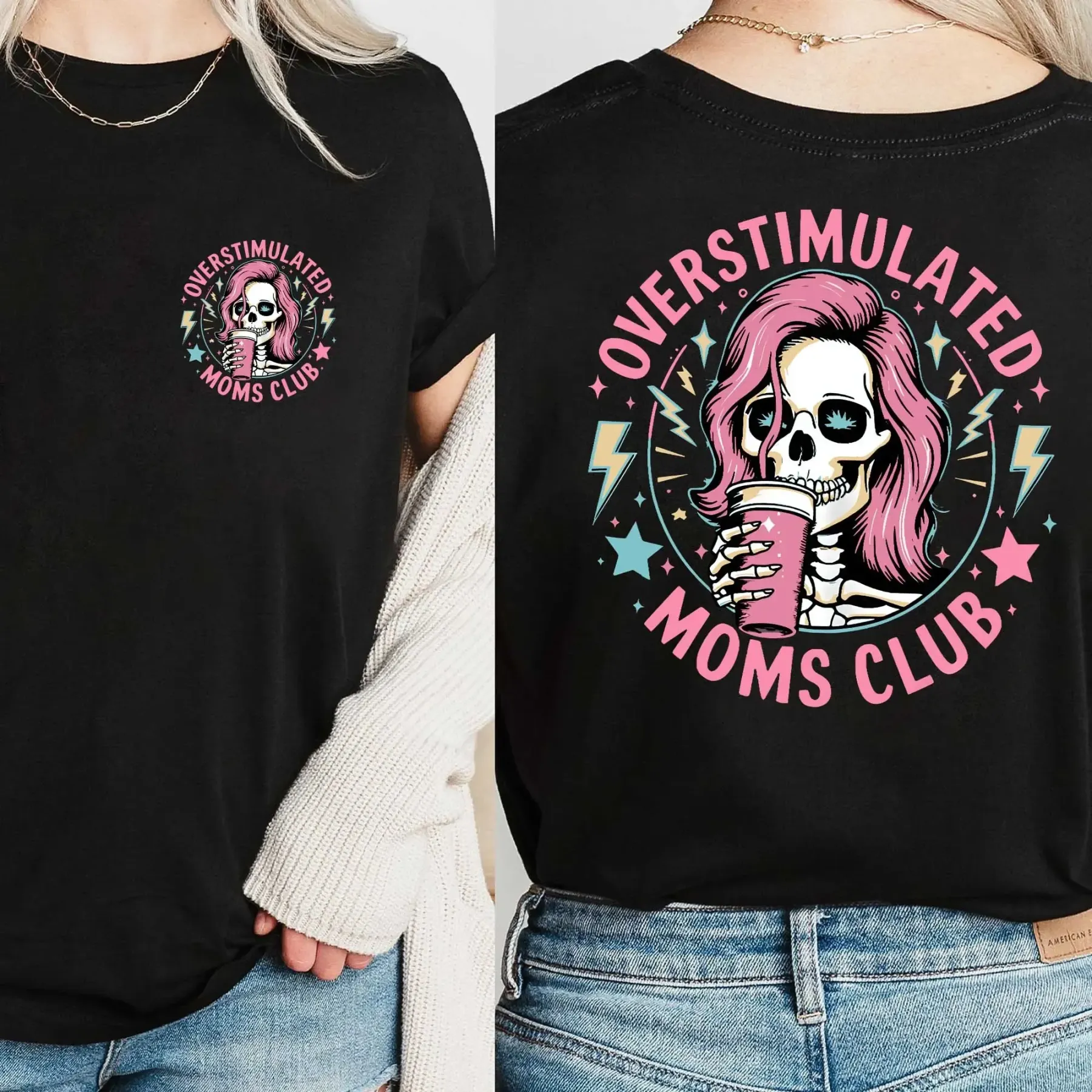 Funny Skeleton Overstimulated Moms Club Coffee T-Shirt Retro Distressed Graphic Tee