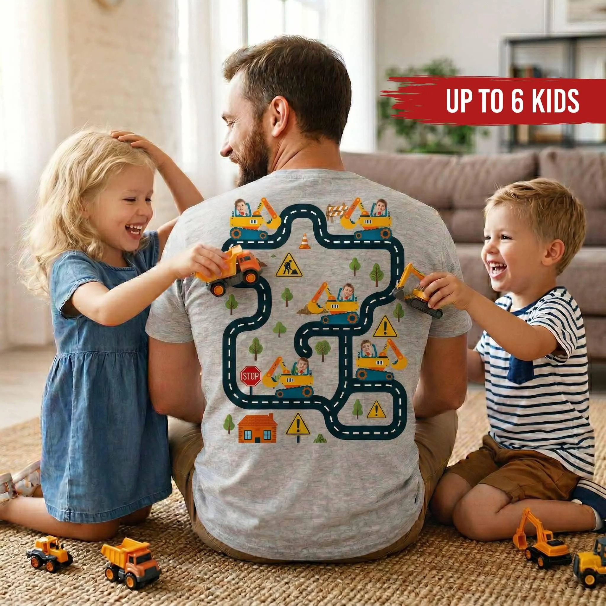 Personalized Kid Face Father Day Gift For Dad Tired Dads Club Construction Car Track Tee Playing Car On Daddy Back Tee