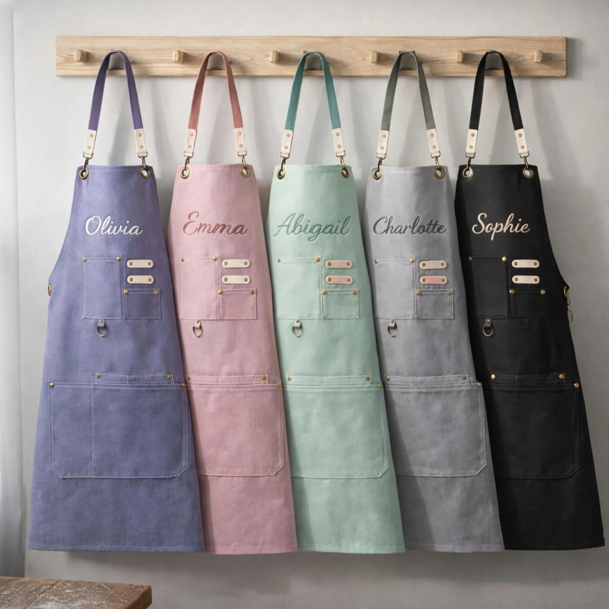 Personalized Apron with Embroidered Name Heavy Duty Cotton Canvas Apron with Pocket Adjustable Barista Apron Mother's Day Gift
