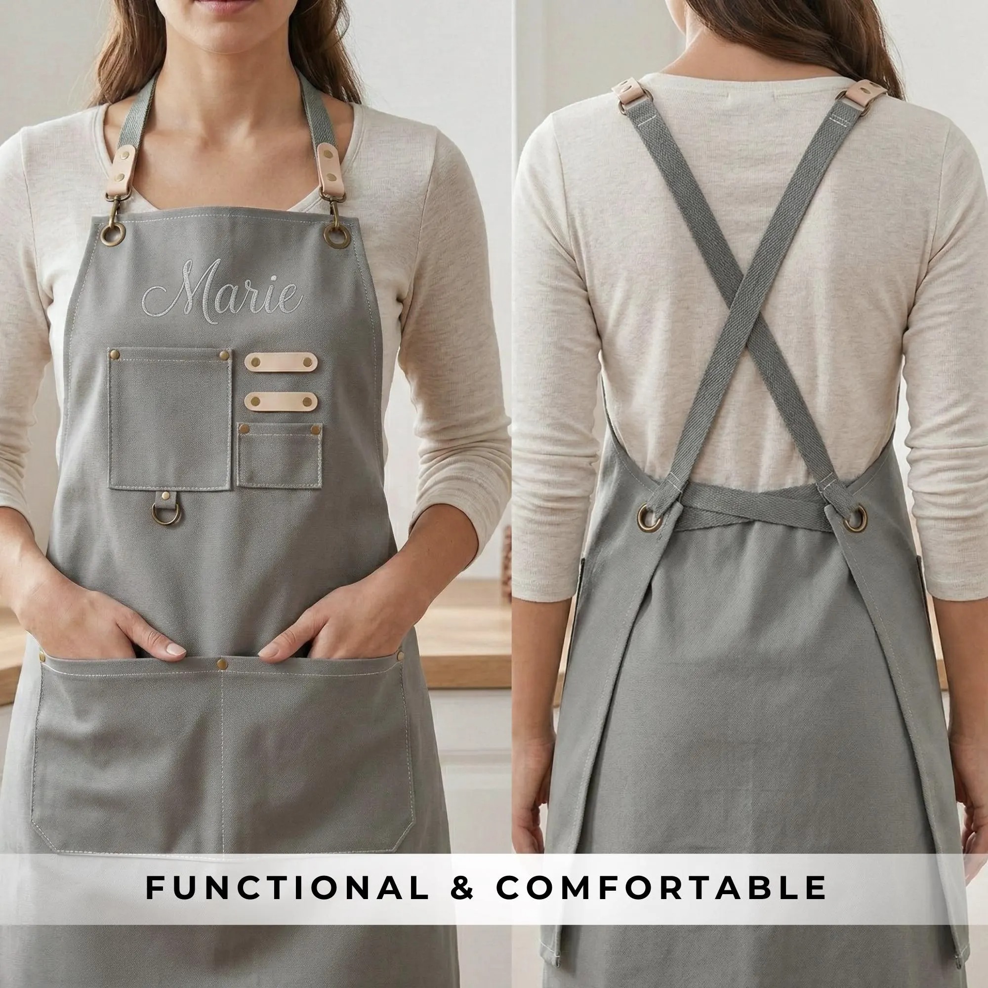 Personalized Apron with Embroidered Name Heavy Duty Cotton Canvas Apron with Pocket Adjustable Barista Apron Mother's Day Gift