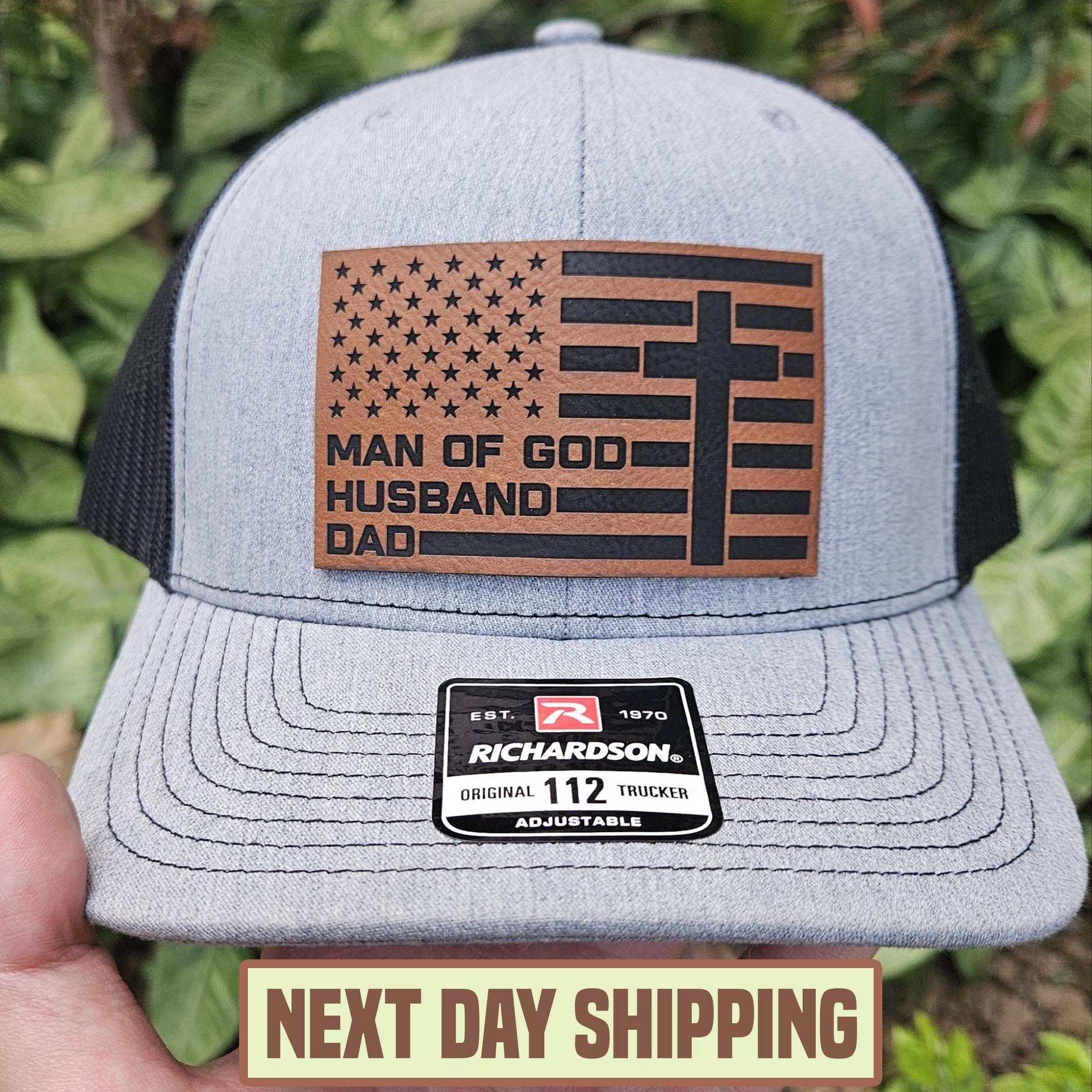 Man Of God Husband Dad Trucker Hat Leather Patch Trucker Hat Christian Father's Day Gift