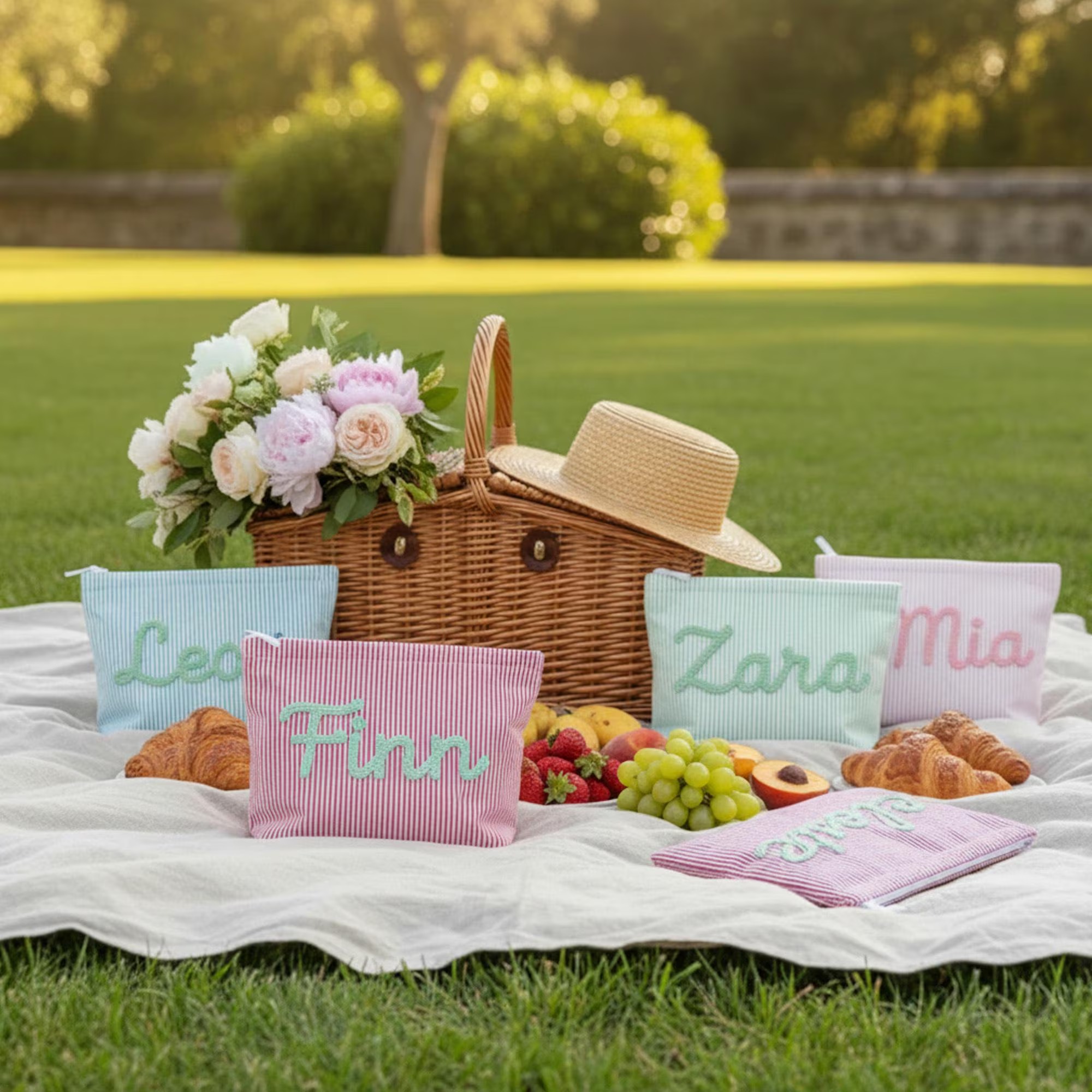 Personalized Name Makeup Bag Seersucker Cosmetic Bag Bridesmaid Gift Travel Makeup Bag Striped Toiletry Bag Beach Pouch