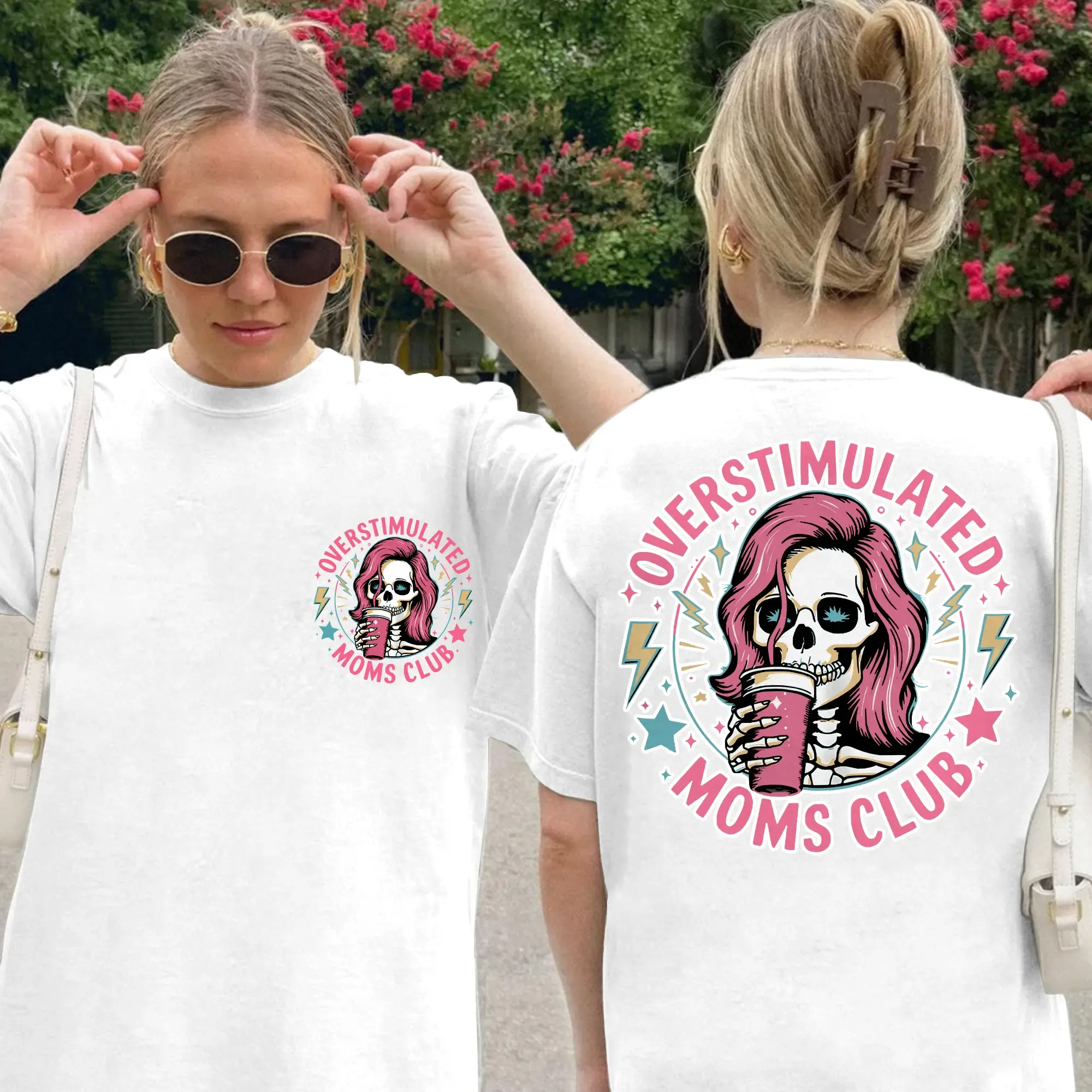 Funny Skeleton Overstimulated Moms Club Coffee T-Shirt Retro Distressed Graphic Tee