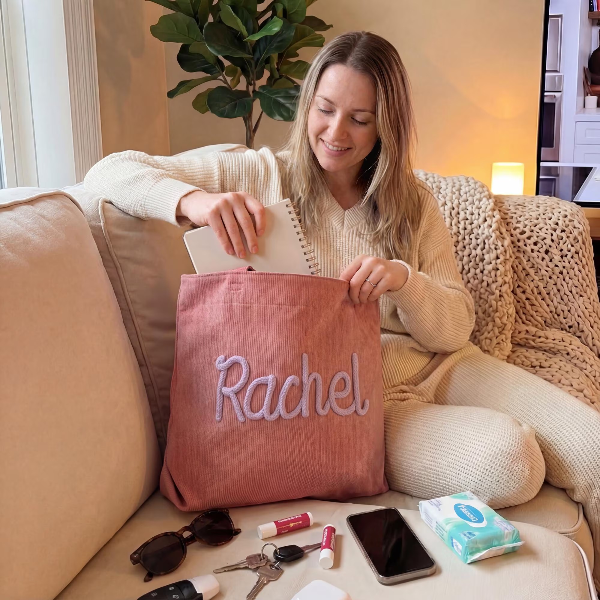 Chenille Name Tote Bag Corduroy Work Purse with Zipper Bridesmaid Gift Bag Spring Travel Tote Mother's Day Gift