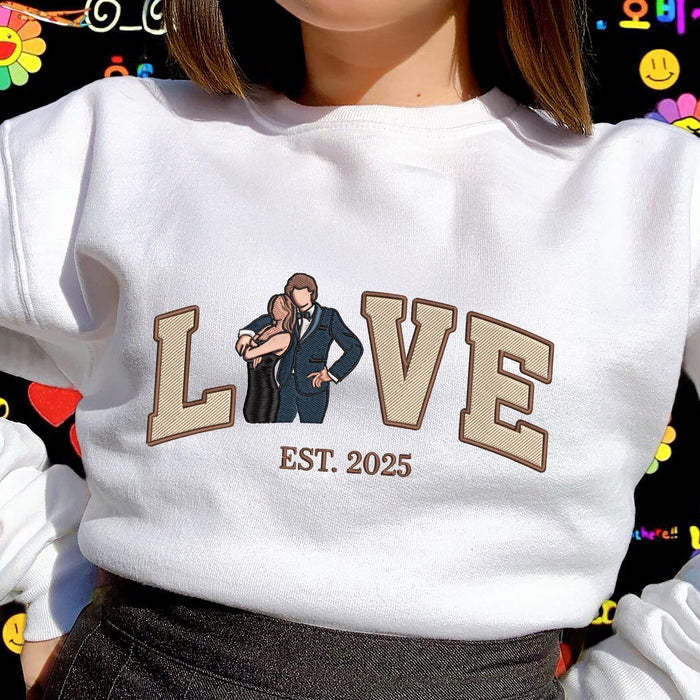 Personalized Embroidered Couple Photo Portrait Hoodie With Anniversary Date