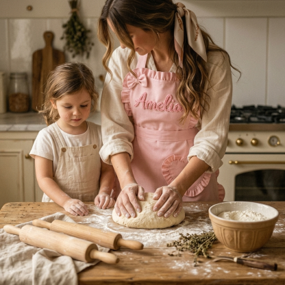 Personalized Name Cooking Apron With Ruffled Heart Pocket Baking Lover Mother's Day Gift