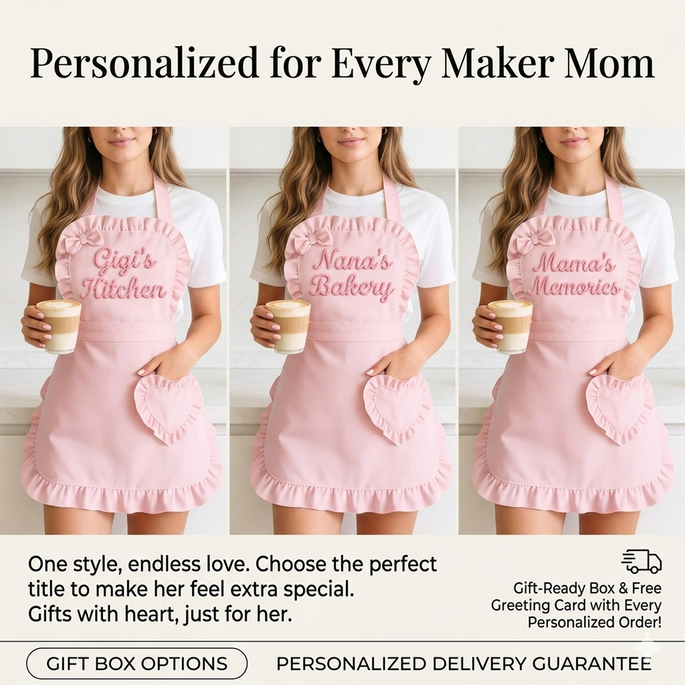 Personalized Name Cooking Apron With Ruffled Heart Pocket Baking Lover Mother's Day Gift