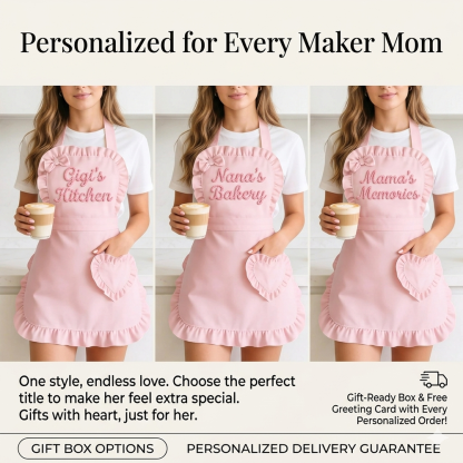 Personalized Name Cooking Apron With Ruffled Heart Pocket Baking Lover Mother's Day Gift