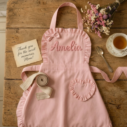 Personalized Name Cooking Apron With Ruffled Heart Pocket Baking Lover Mother's Day Gift