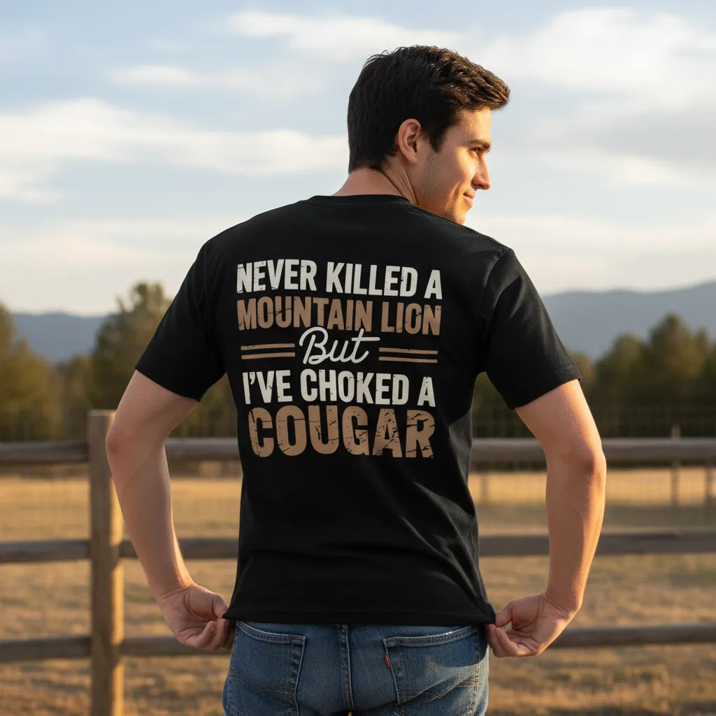 Never Killed a Mountain Lion But I have Choked a Cougar Funny Quote T-Shirt Sarcastic Humor Tee for Man Woman