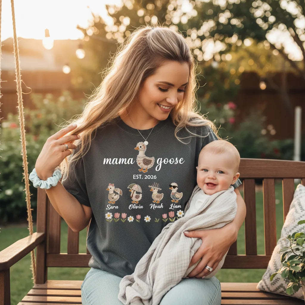 Personalized Mom Duck Shirt With Kids Names Mama Goose Family Shirt Gift for Mom