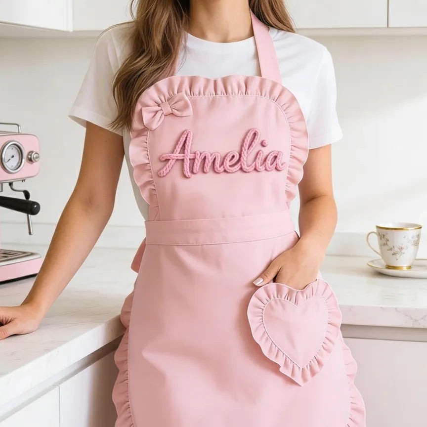 Personalized Name Cooking Apron With Ruffled Heart Pocket Baking Lover Mother's Day Gift