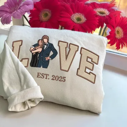 Personalized Embroidered Couple Photo Portrait Hoodie With Anniversary Date