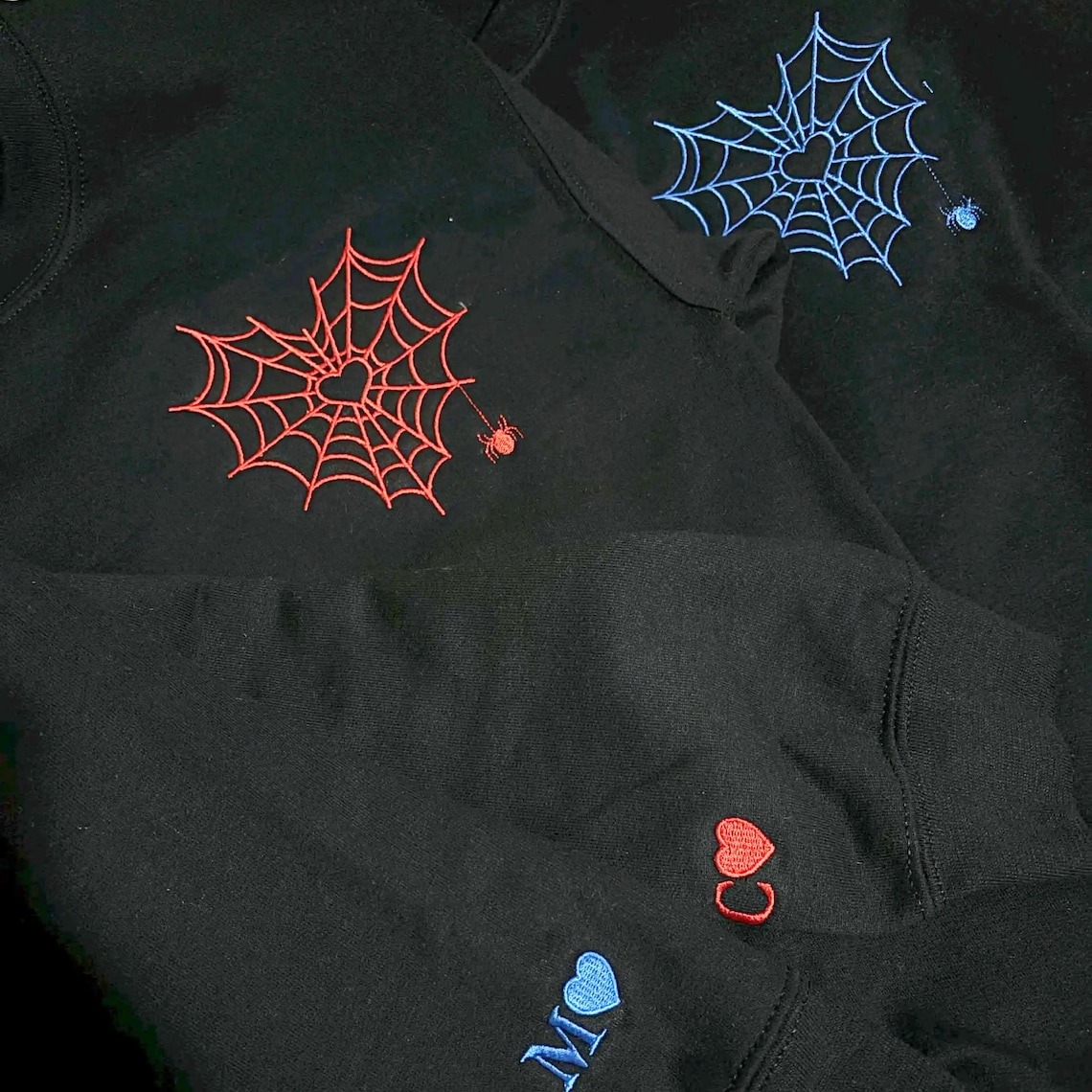 Embroidered Spider Web Heart Couple Hoodie - Halloween Valentine's Day Matching Sweatshirts