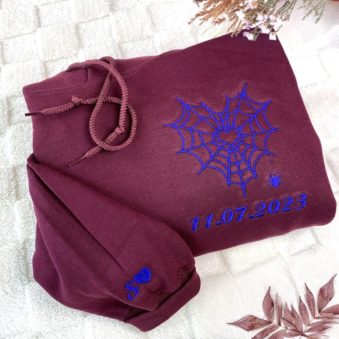 Embroidered Spider Web Heart Couple Hoodie - Halloween Valentine's Day Matching Sweatshirts