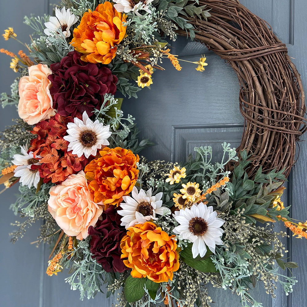 Elegant Burgundy Hydrangea Fall Wreath – Front Door Autumn Decoration