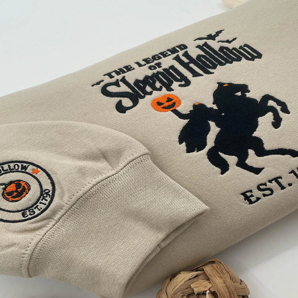 Sleepy Hollow Embroidered Halloween Sweatshirt – Headless Rider & Pumpkin Sleeve Crewneck