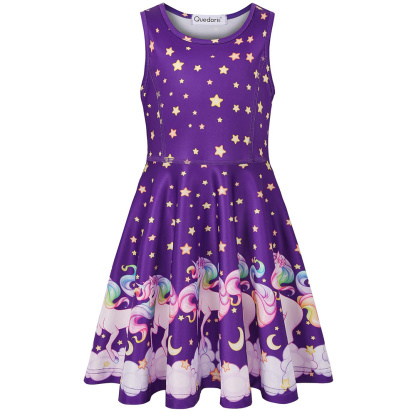 Girls Dress Unicorn Printed Casual Party Twirly Dress for Kids in 2t to 10 Years