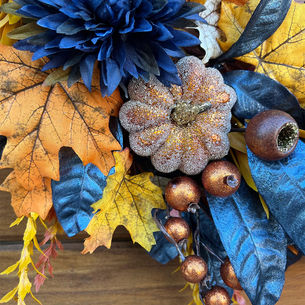 Autumn Wreath for Thanksgiving & Halloween – Elegant Fall Door Decor in Metallic Blue & Orange