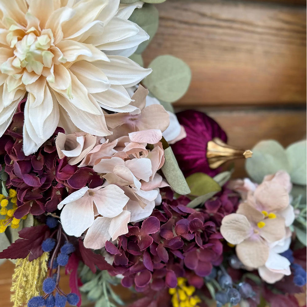 Elegant Burgundy Fall Wreath – Velvet Pumpkins & Hydrangea Autumn Door Decor