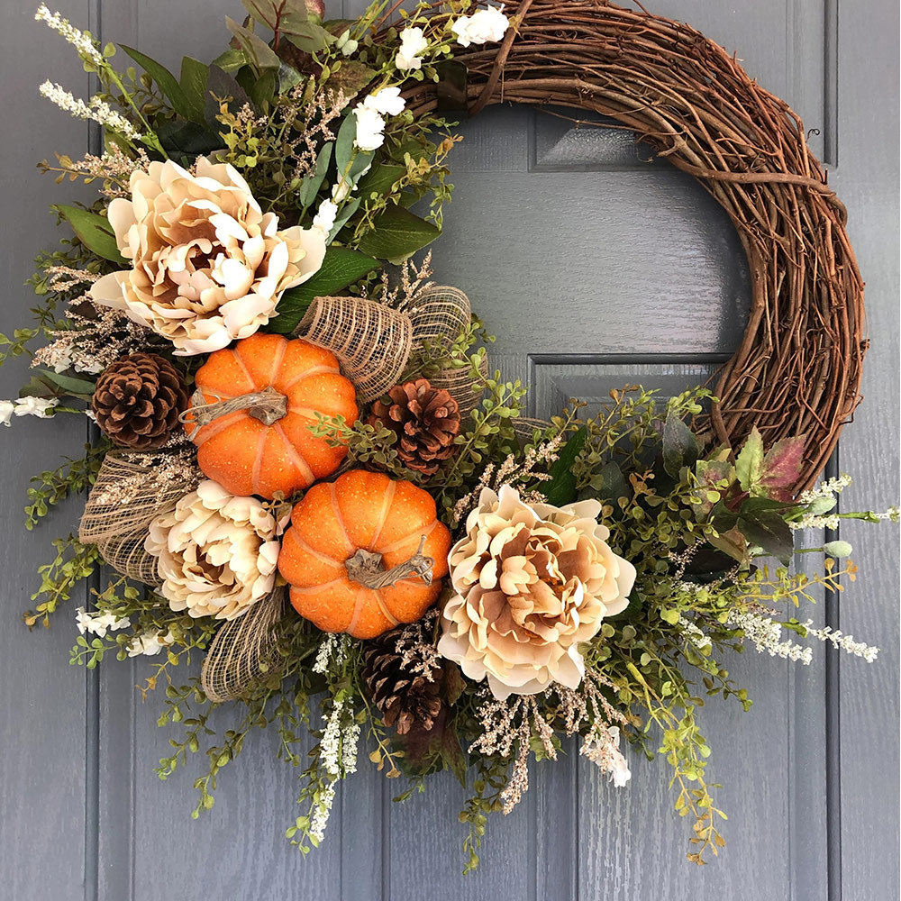 Fall Farmhouse Pumpkin & Peony Wreath – Front Door Autumn Decor